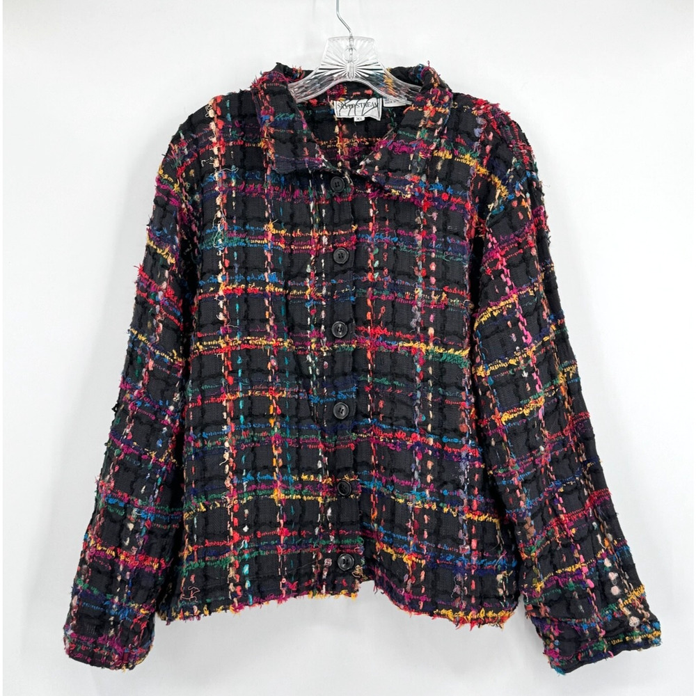 Silver Stream Colorful Artsy Plaid Tweed Button Blazer Jacket Sz XL